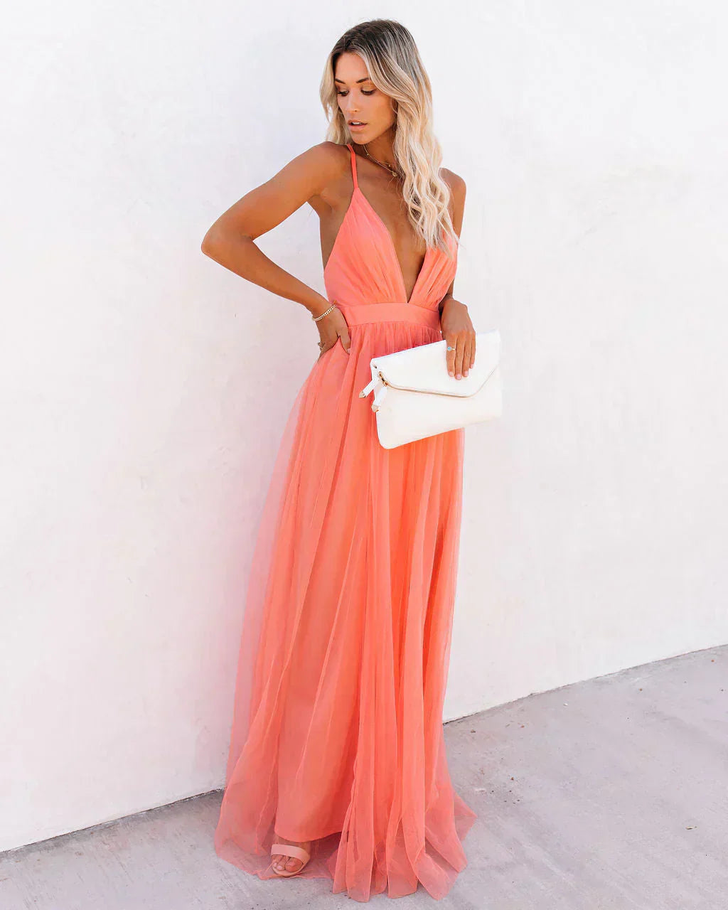 Women’s Coral Maxi Evening Dress – Deep V Neck Sleeveless Gown