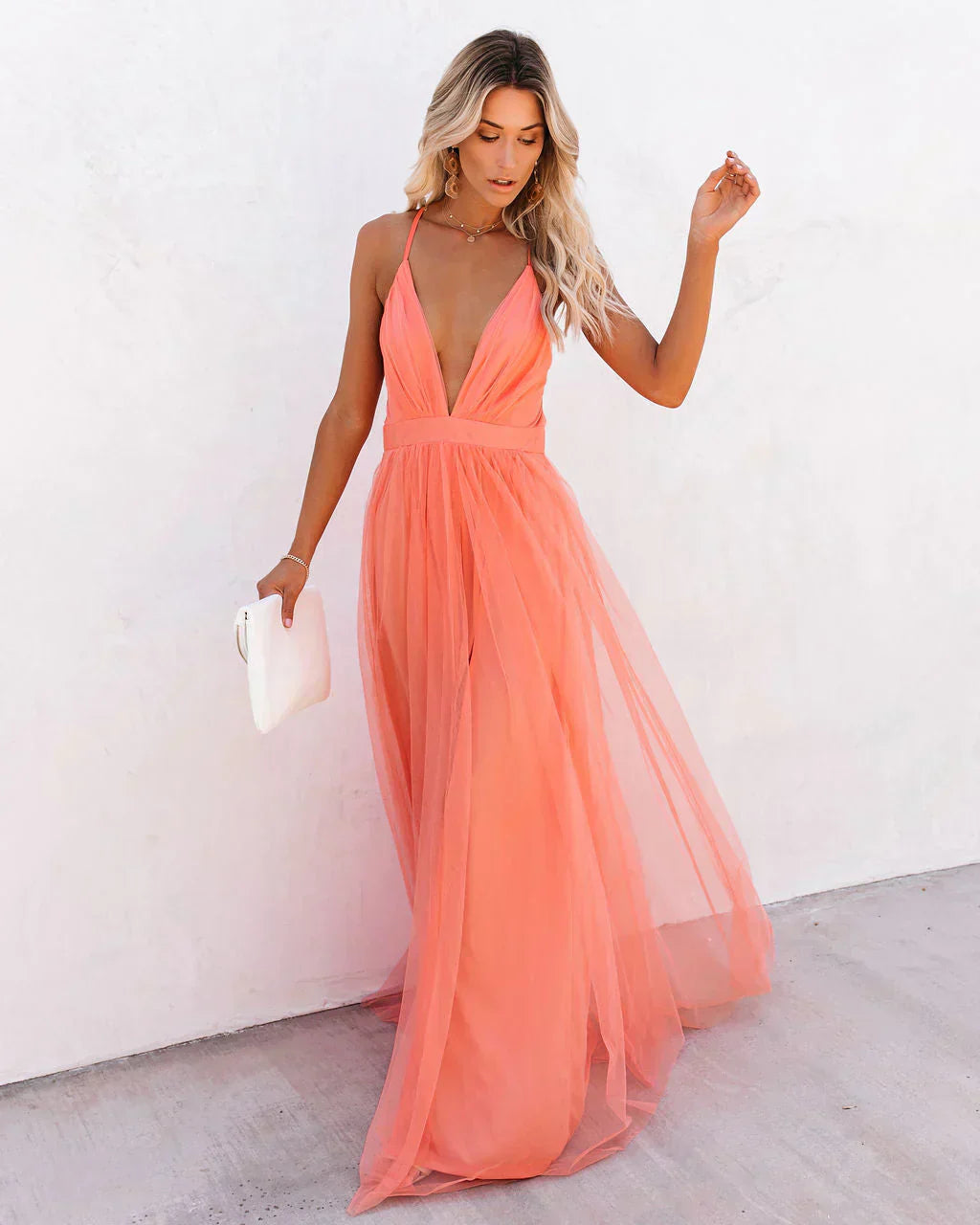 Women’s Coral Maxi Evening Dress – Deep V Neck Sleeveless Gown