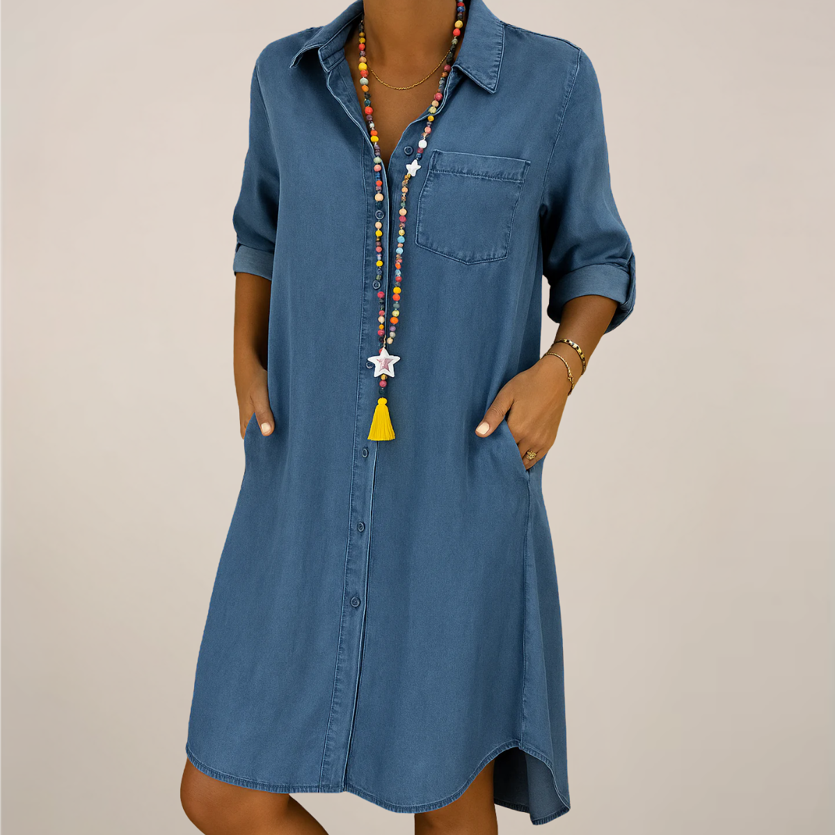 Women’s Denim Shirt Mini Dress – Button Down with Pockets