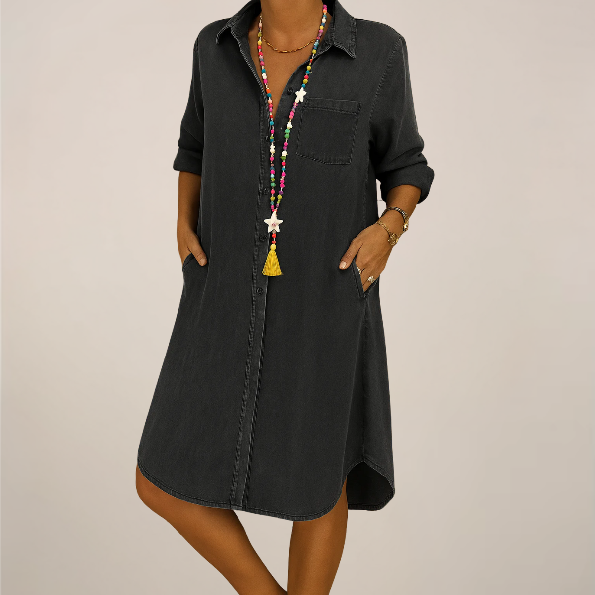 Women’s Denim Shirt Mini Dress – Button Down with Pockets
