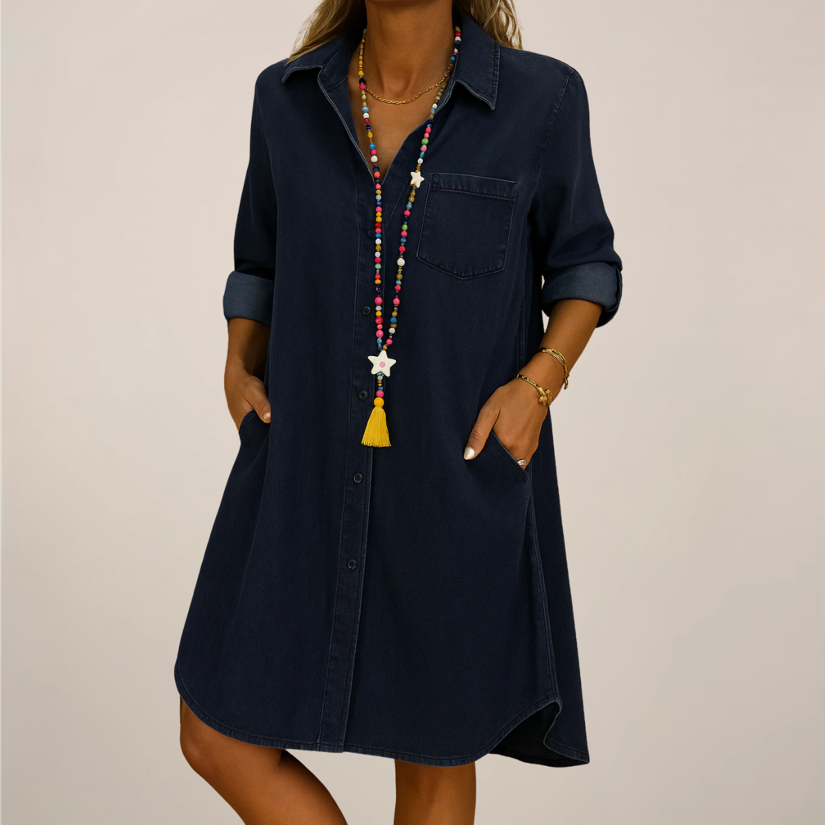 Women’s Denim Shirt Mini Dress – Button Down with Pockets