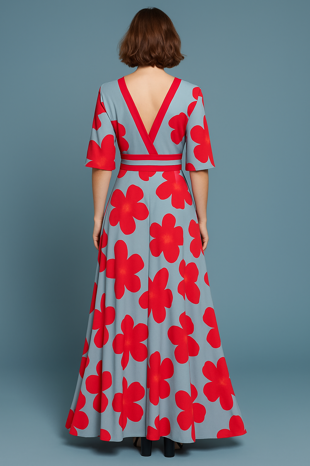 Women’s Elegant Floral Maxi Dress – V-Neck, Wide Sleeves & Flowing Silhouette