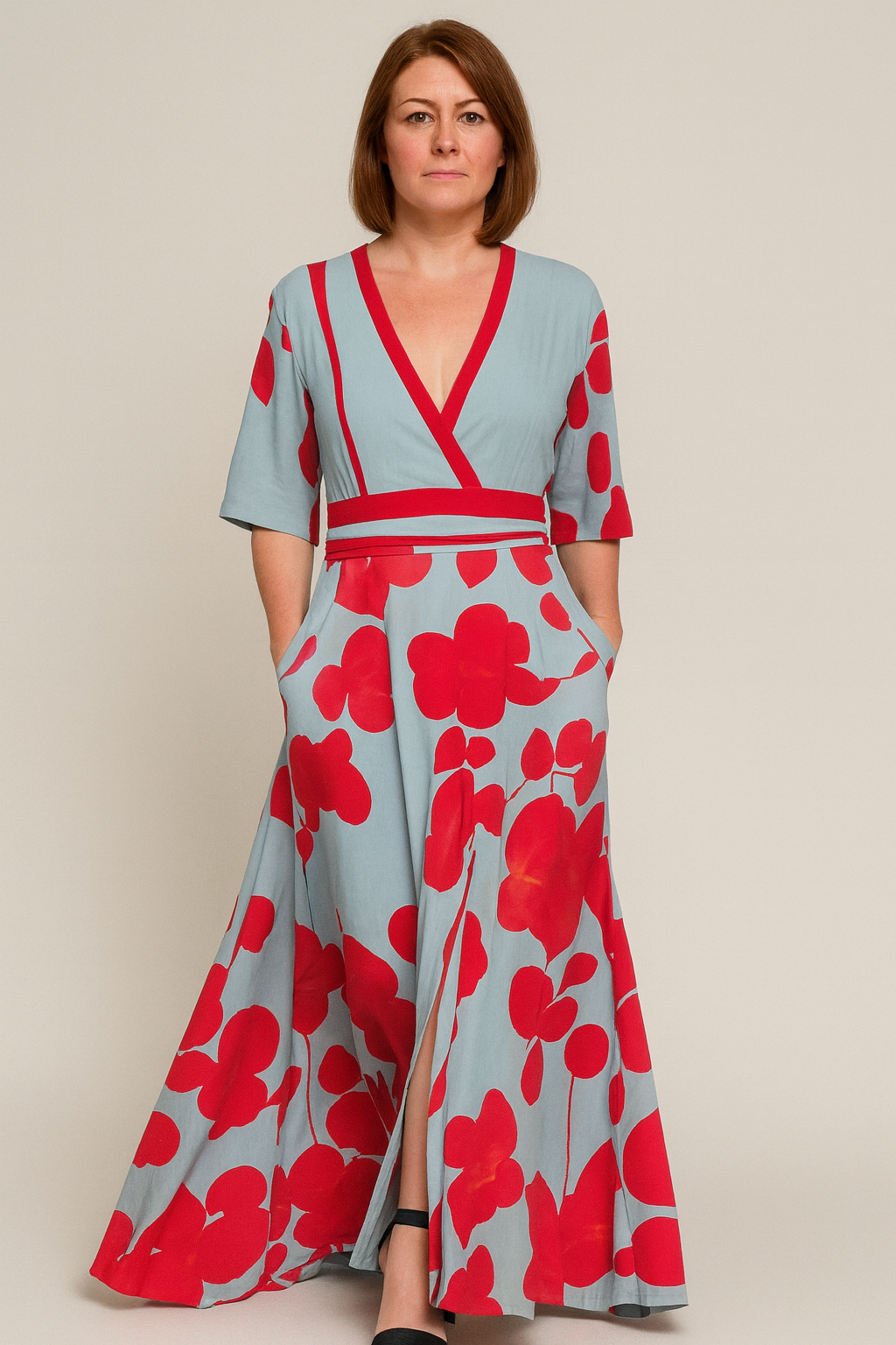 Women’s Elegant Floral Maxi Dress – V-Neck, Wide Sleeves & Flowing Silhouette