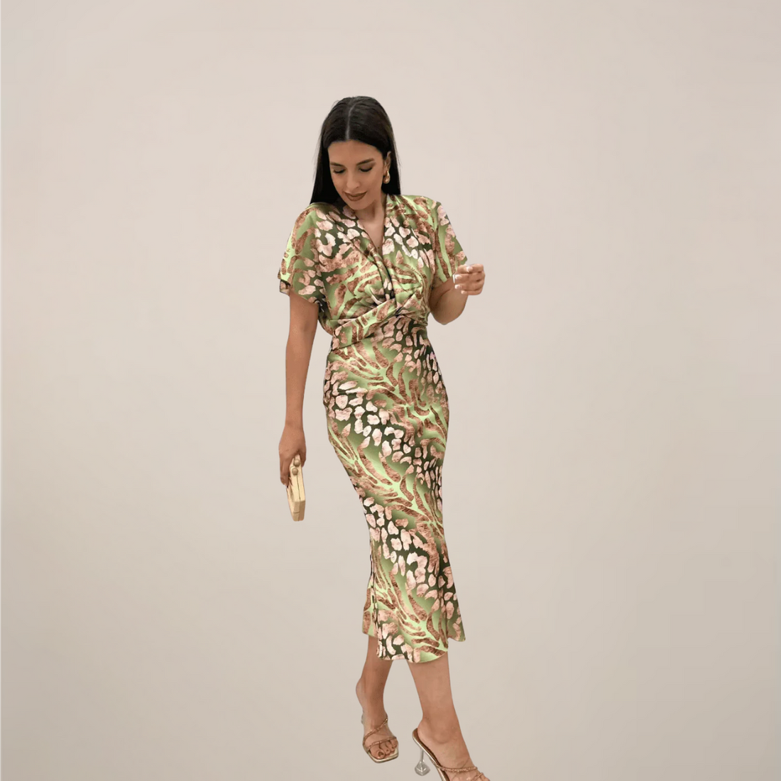 Women’s Elegant Midi Dress – Short Sleeve Draped Silhouette with Printed Finish