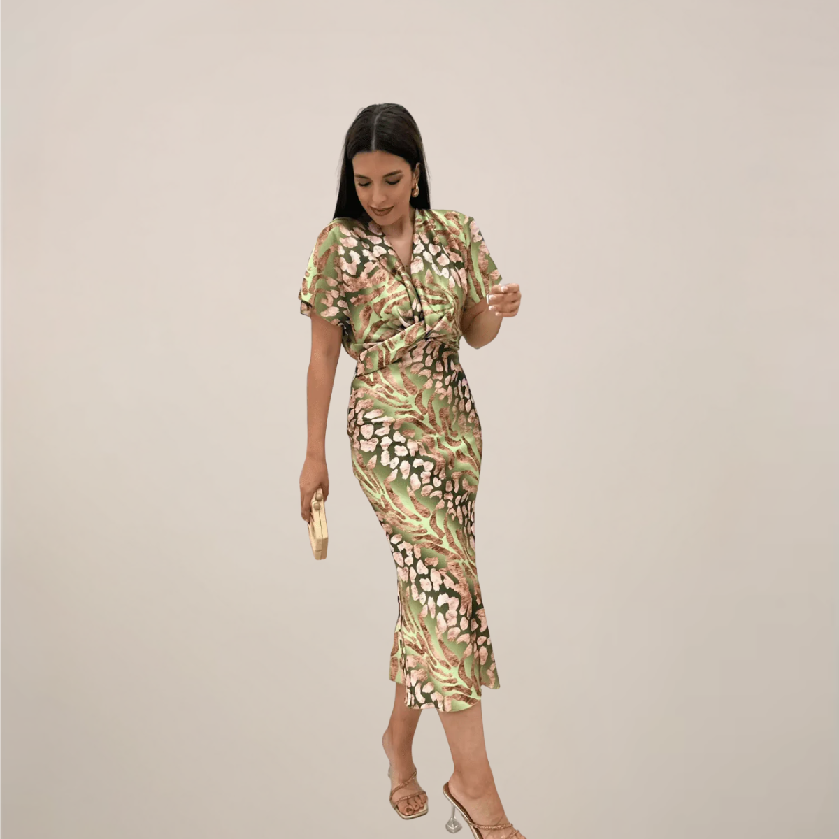 Women’s Elegant Midi Dress – Short Sleeve Draped Silhouette with Printed Finish