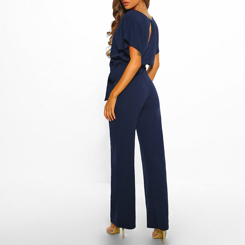 Women’s Elegant Wide-Leg Jumpsuit – Belted Waist with Short Sleeves