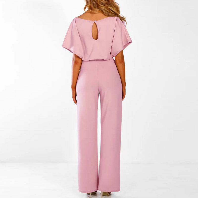 Women’s Elegant Wide-Leg Jumpsuit – Belted Waist with Short Sleeves