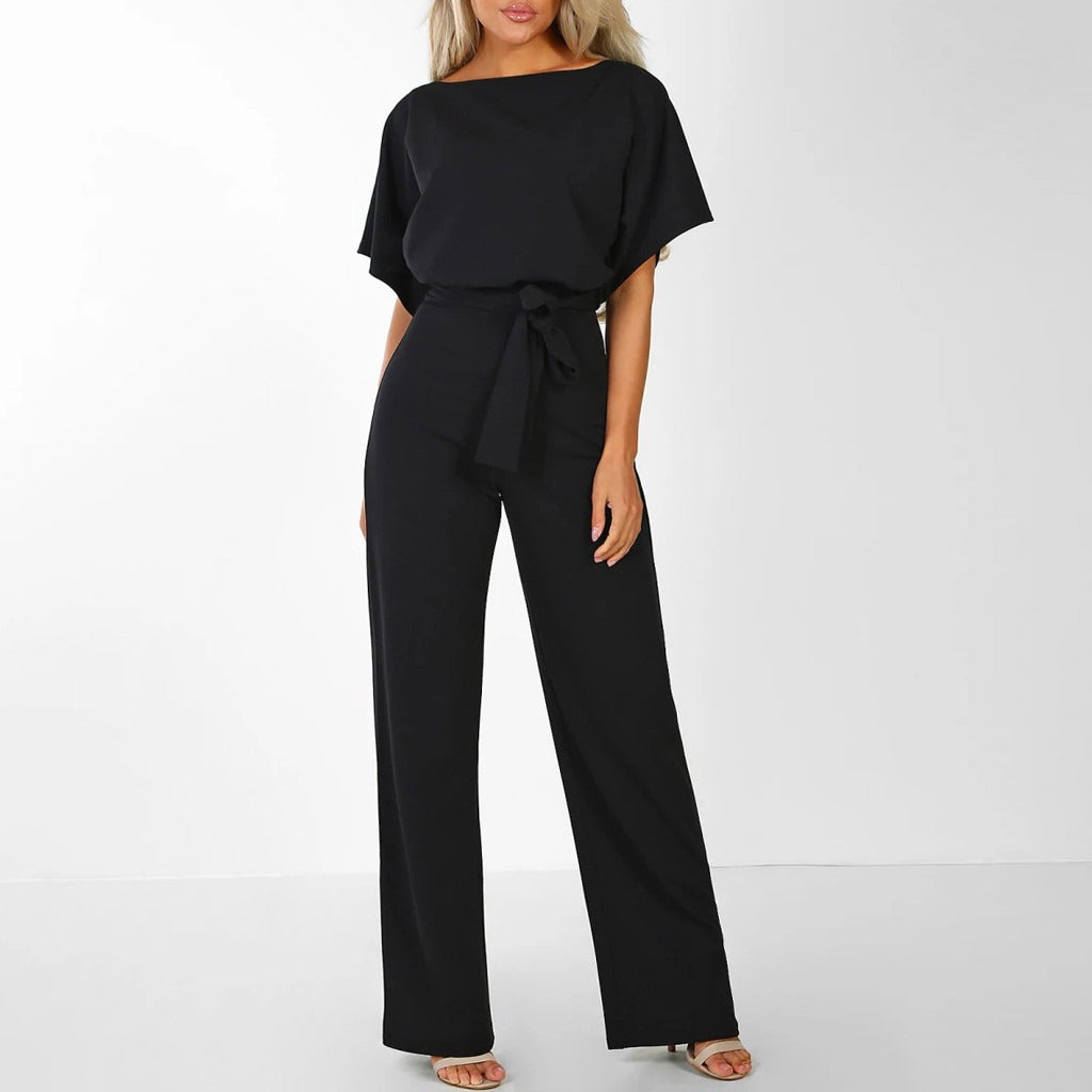 Women’s Elegant Wide-Leg Jumpsuit – Belted Waist with Short Sleeves