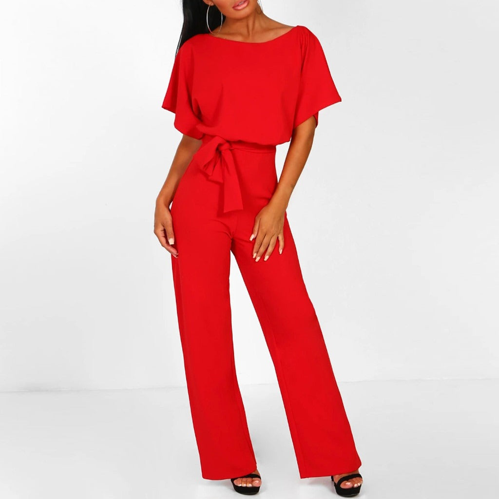 Women’s Elegant Wide-Leg Jumpsuit – Belted Waist with Short Sleeves