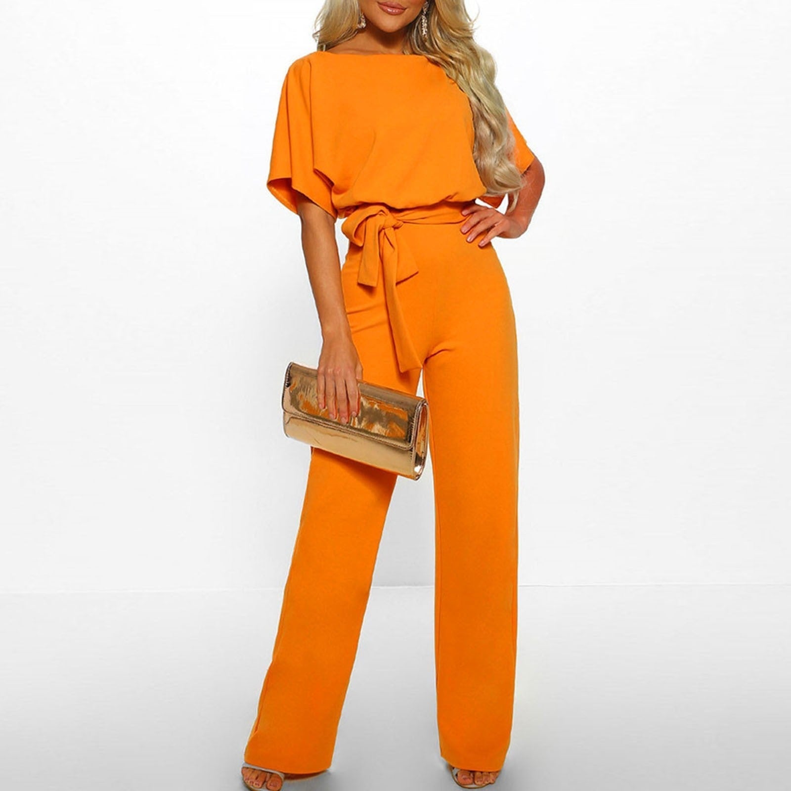 Women’s Elegant Wide-Leg Jumpsuit – Belted Waist with Short Sleeves