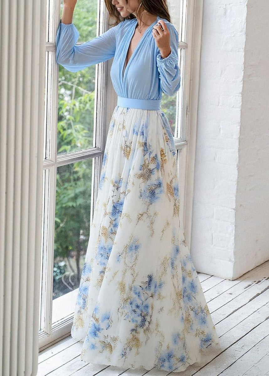 Women’s Floral Maxi Dress with Plunging V-Neckline – Long Sleeves