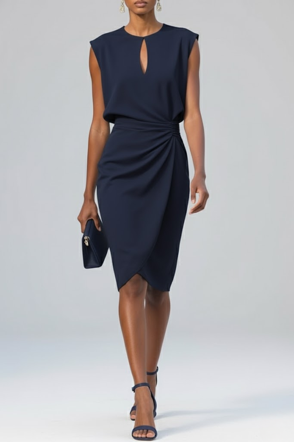 Women's Midi Dress - Keyhole Neck Sleeveless Ruched Waist
