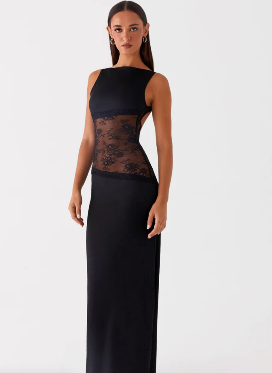Women’s Maxi Dress – High Neckline – Sheer Lace Waist Detail