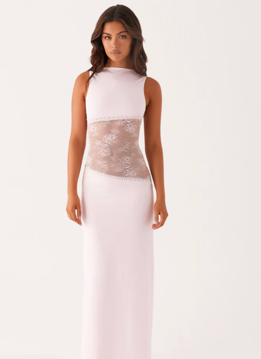 Women’s Maxi Dress – High Neckline – Sheer Lace Waist Detail