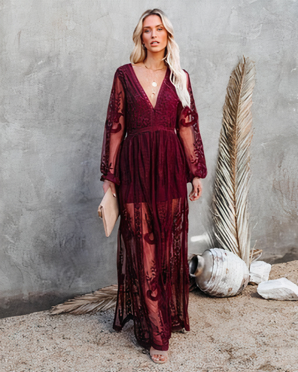 Women’s Maxi Dress – Lace Sheer Floral – Deep V-Neck – Long Sleeve – Side Slit
