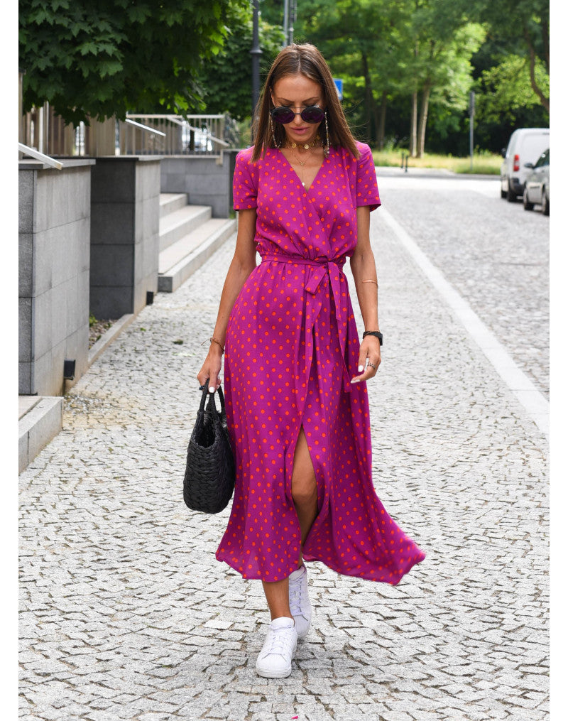 Women’s Maxi Dress – Wrap Style – Short Sleeve – Polka Dot Print