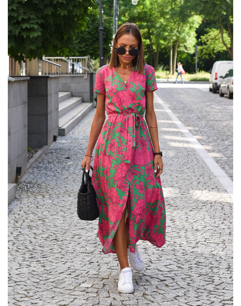 Women’s Maxi Dress – Wrap Style – Short Sleeve – Polka Dot Print