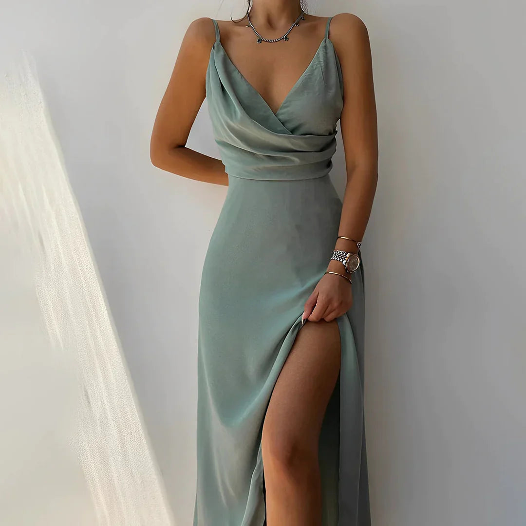 Women’s Maxi Evening Dress – Spaghetti Strap Deep V Neck Gown with Side Slit