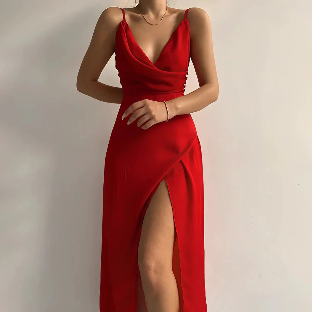 Women’s Maxi Evening Dress – Spaghetti Strap Deep V Neck Gown with Side Slit