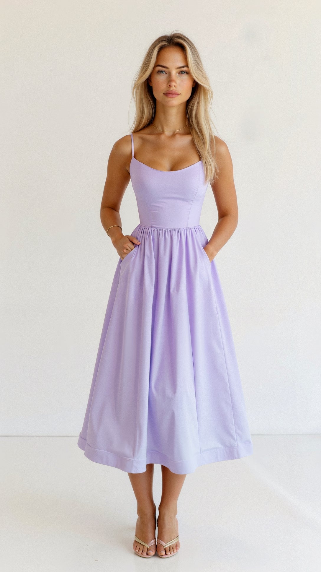 Women’s Midi Dress – A-Line Silhouette – Spaghetti Straps – Elegant Flowing Design