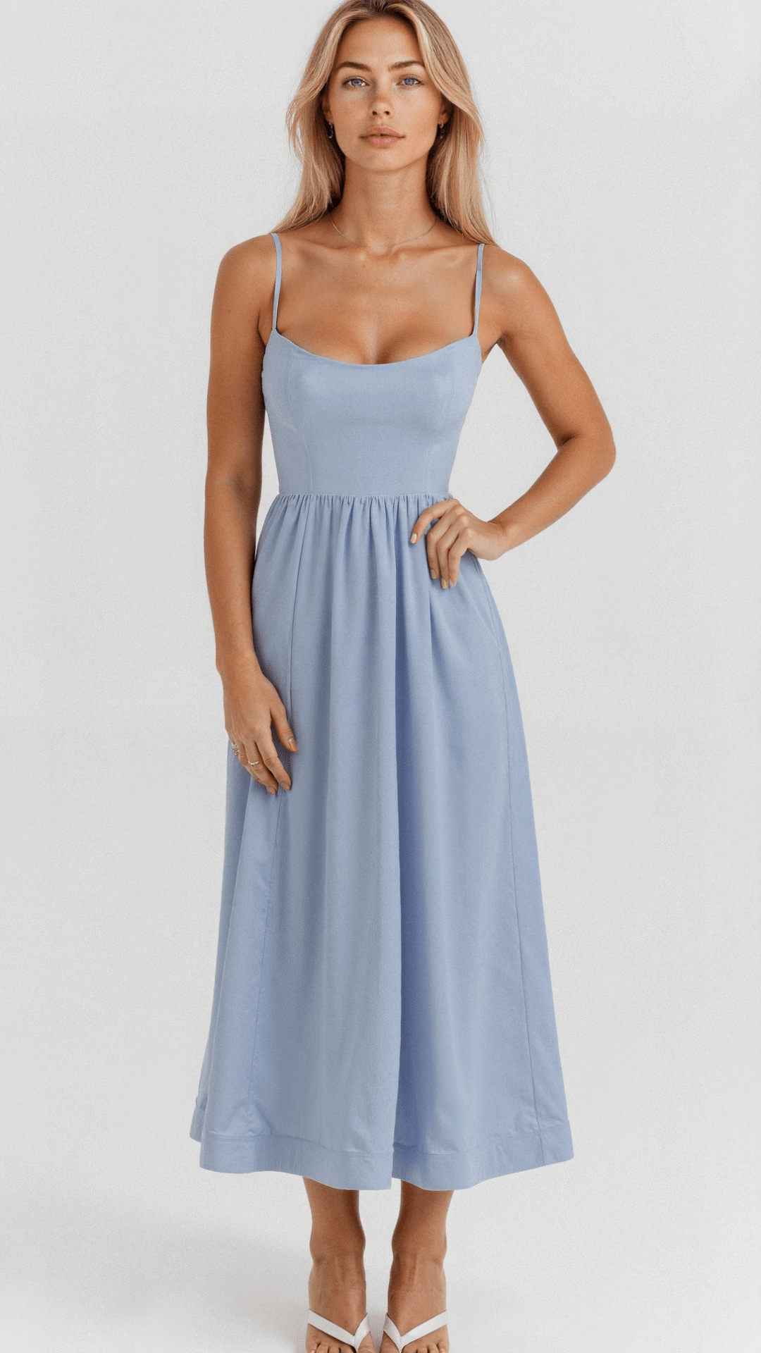 Women’s Midi Dress – A-Line Silhouette – Spaghetti Straps – Elegant Flowing Design