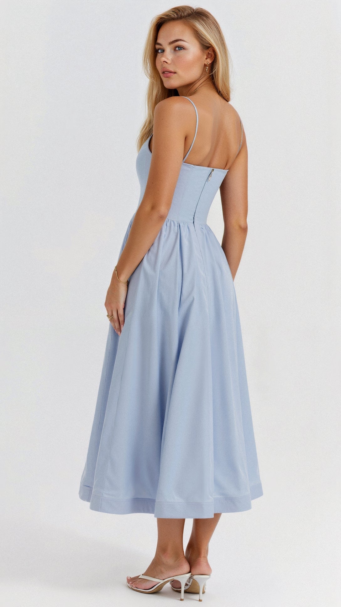 Women’s Midi Dress – A-Line Silhouette – Spaghetti Straps – Elegant Flowing Design