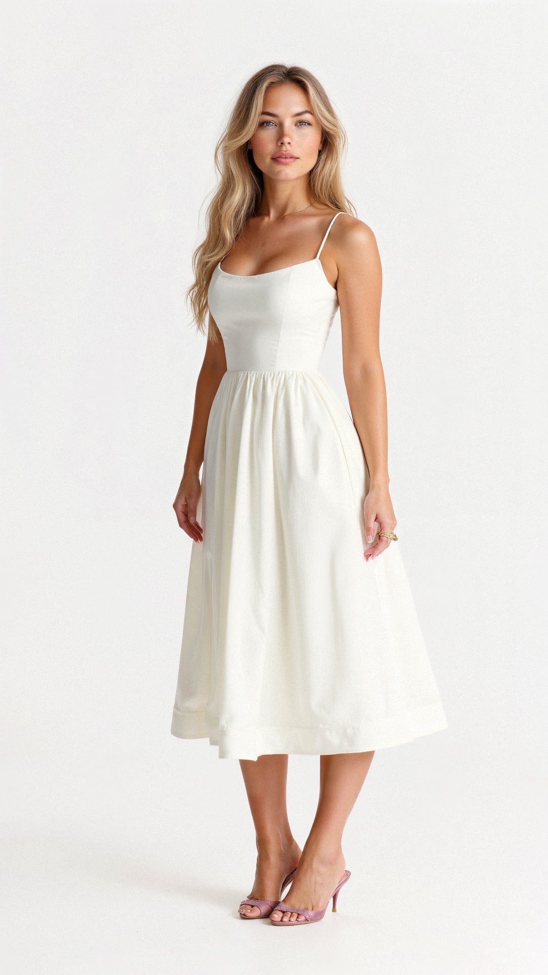 Women’s Midi Dress – A-Line Silhouette – Spaghetti Straps – Elegant Flowing Design