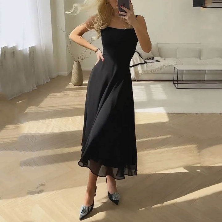 Women’s Midi Dress – Sleeveless Square Neck – Fitted Bodice – A-Line Silhouette