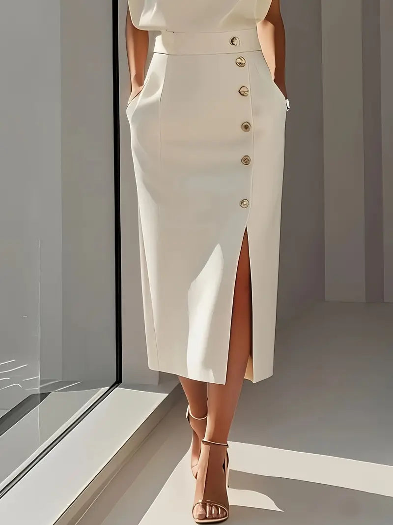 Women’s Midi Dress – Structured Shoulder, Button Front, Side Slit