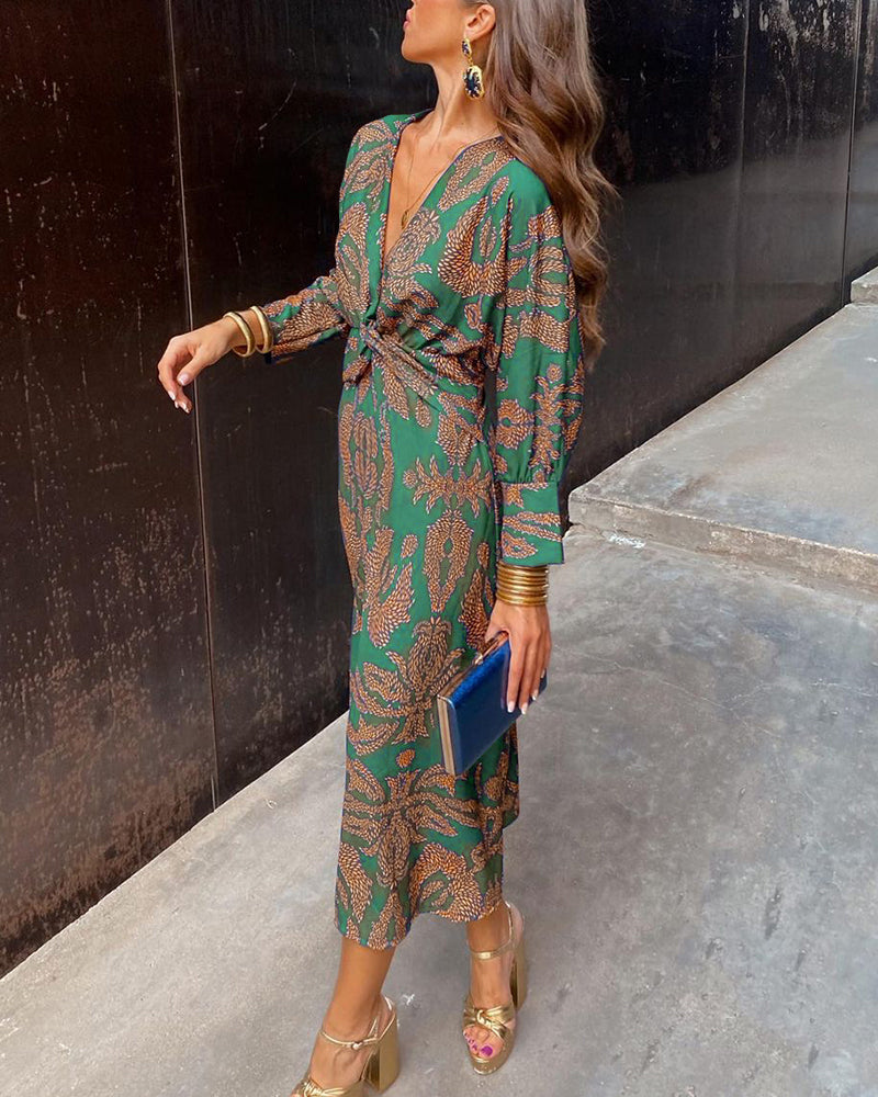 Women’s Midi Dress with Deep V-Neck – Elegant Knot-Front Design for Day to Evening