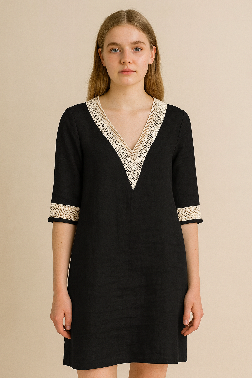 Women’s Midi Dress with Embroidered V-Neckline