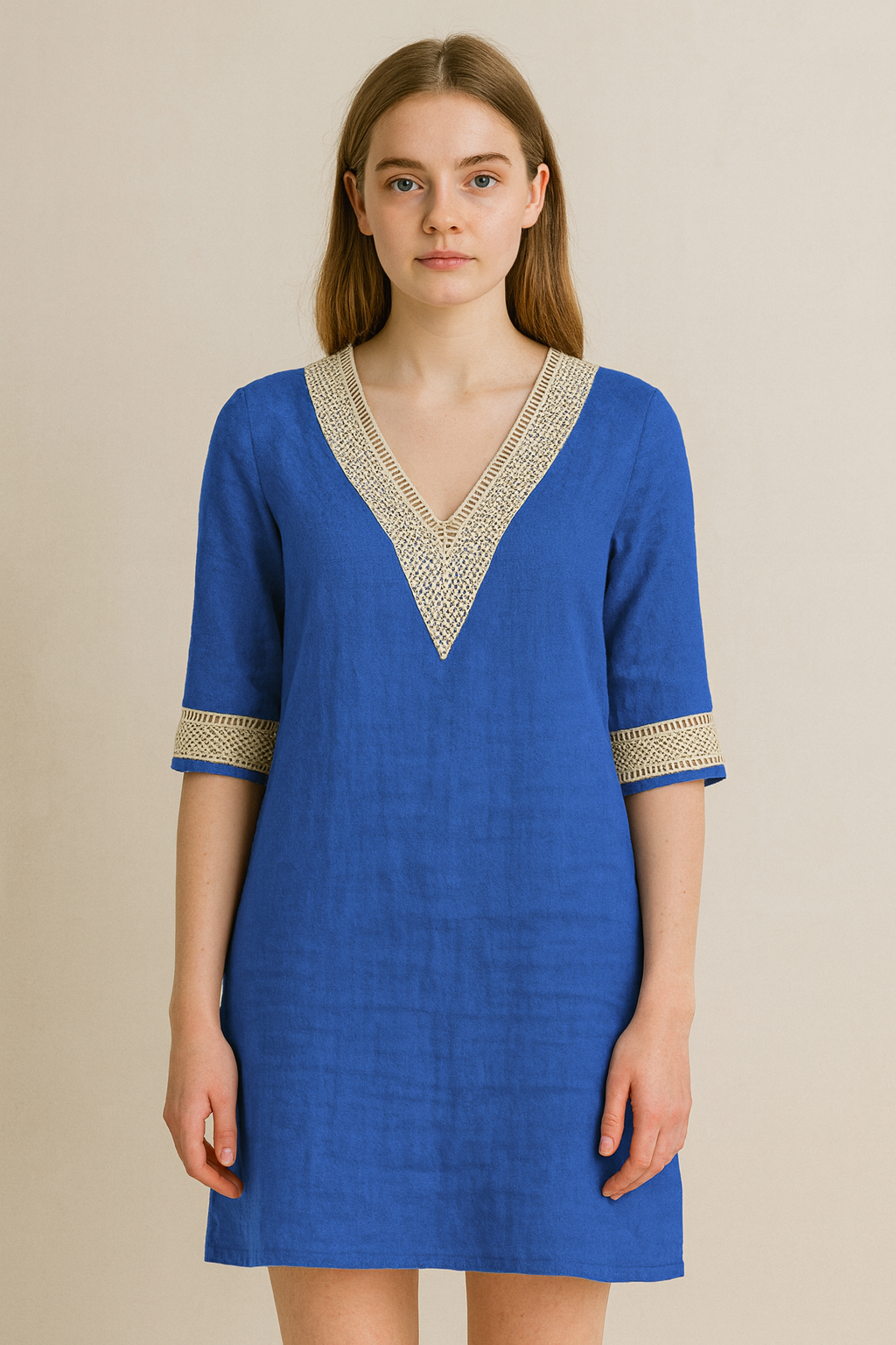 Women’s Midi Dress with Embroidered V-Neckline