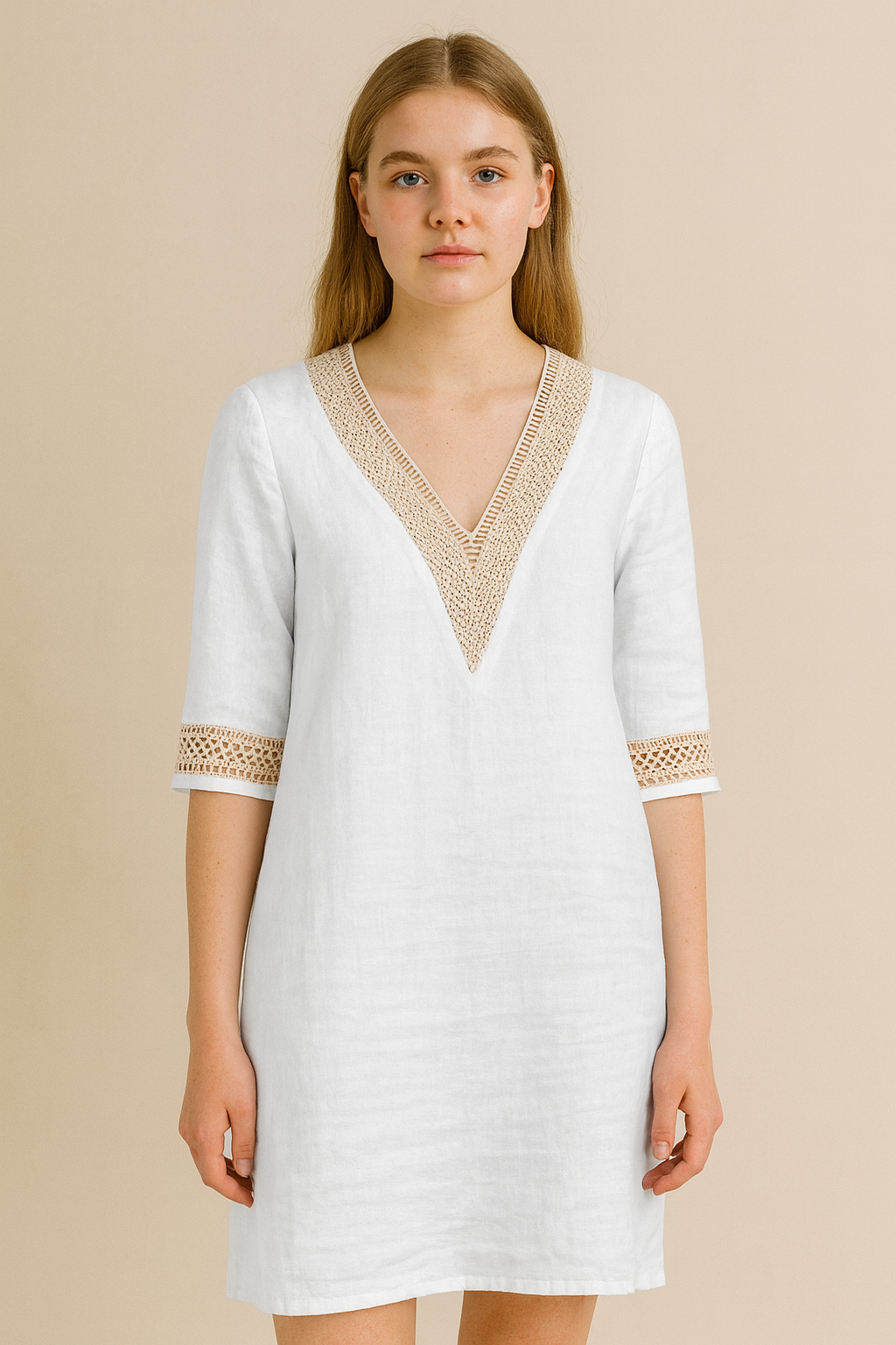 Women’s Midi Dress with Embroidered V-Neckline