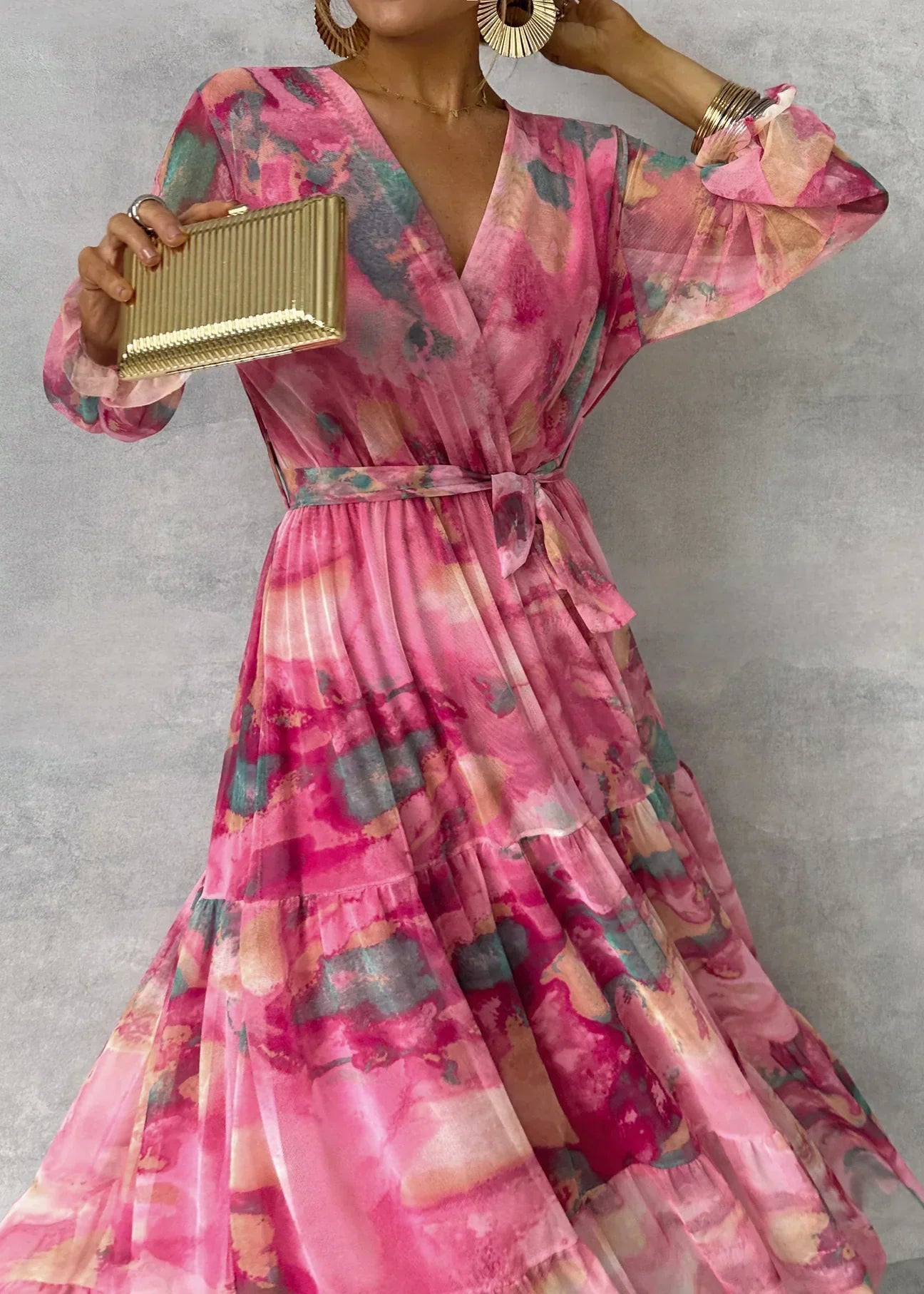 Women’s Pink Maxi Floral Wrap Dress with Long Sleeves – Elegant Evening & Party Wear
