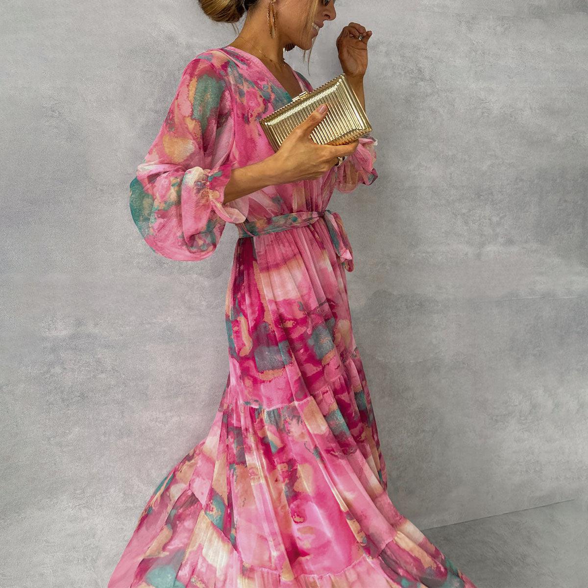 Women’s Pink Maxi Floral Wrap Dress with Long Sleeves – Elegant Evening & Party Wear