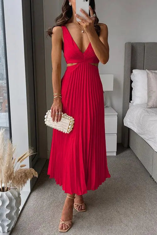 Women’s Pleated Midi Dress – Elegant V-Neck Design