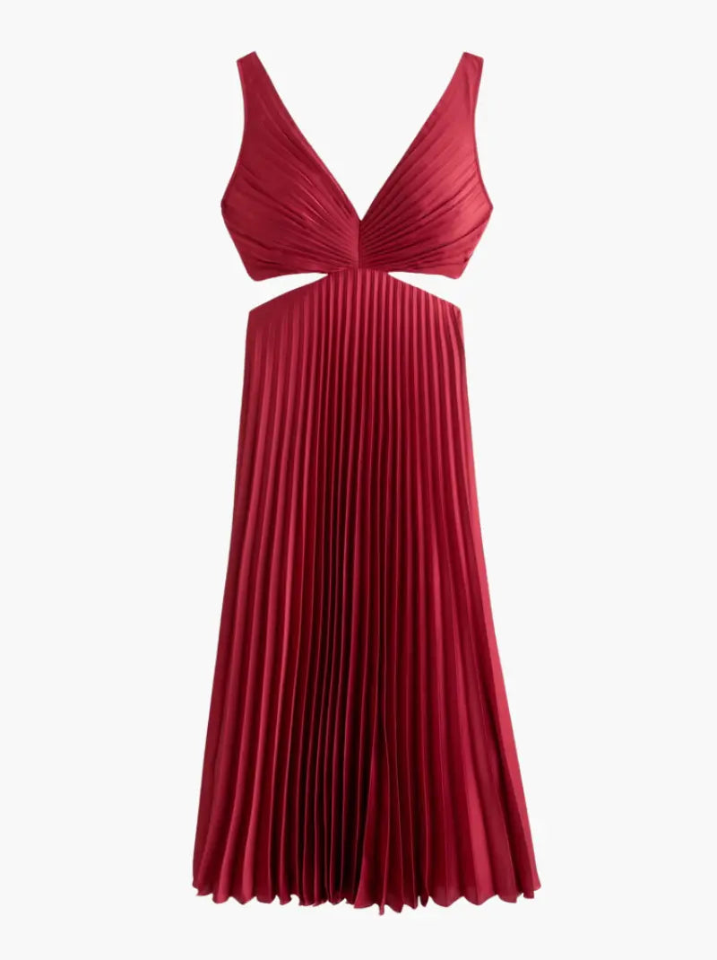 Women’s Pleated Midi Dress – Elegant V-Neck Design