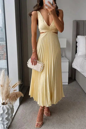 Women’s Pleated Midi Dress – Elegant V-Neck Design