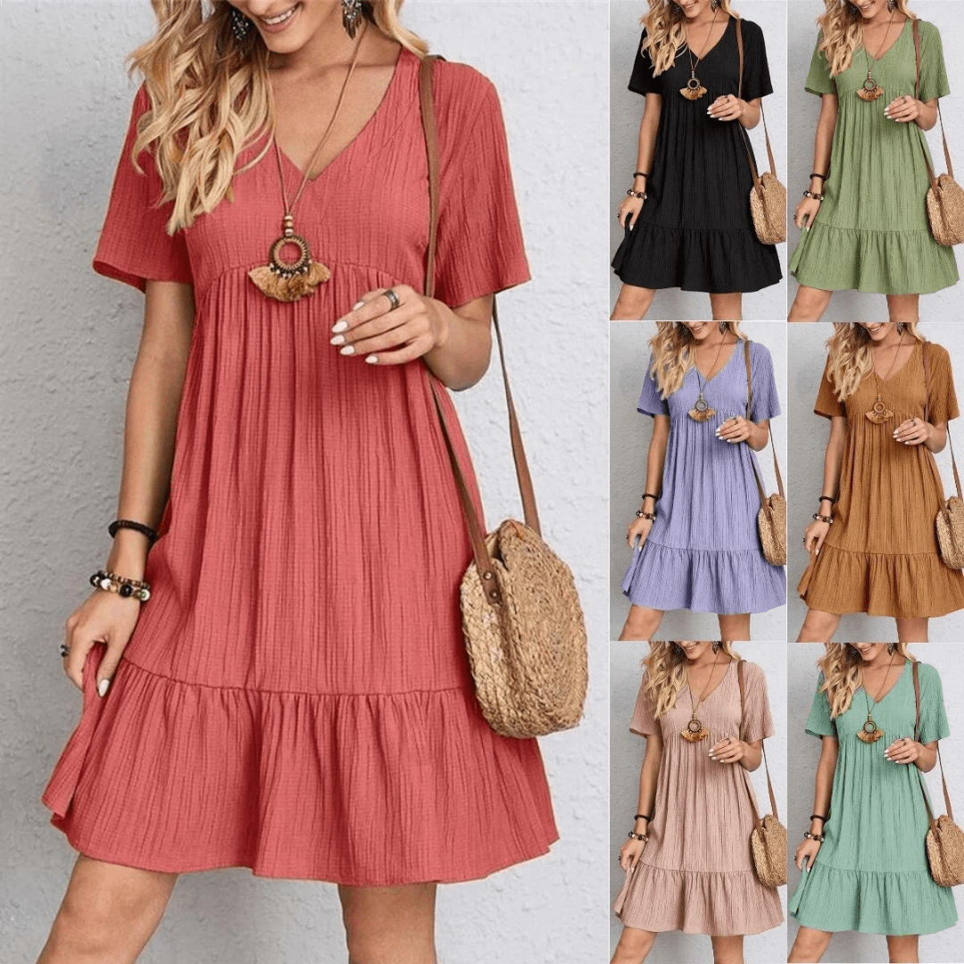 Women’s Retro V-Neck Mini Dress – Short Sleeve A-Line with Tummy-Control Fit
