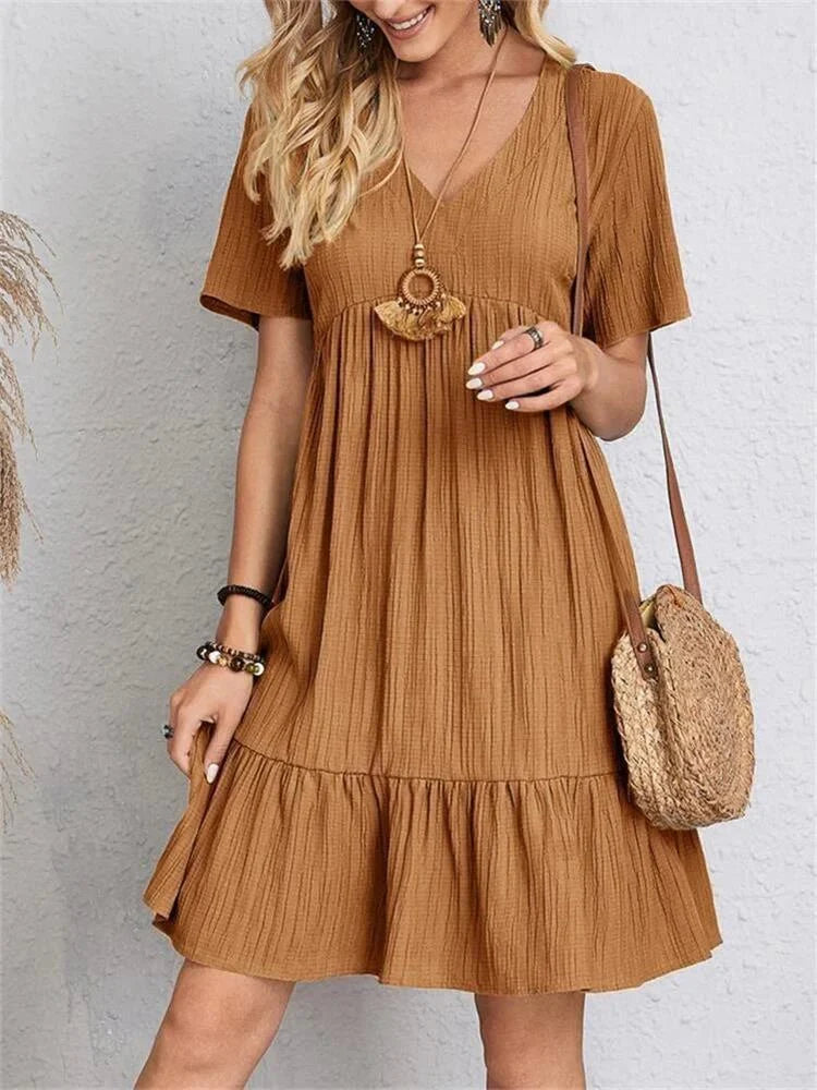 Women’s Retro V-Neck Mini Dress – Short Sleeve A-Line with Tummy-Control Fit