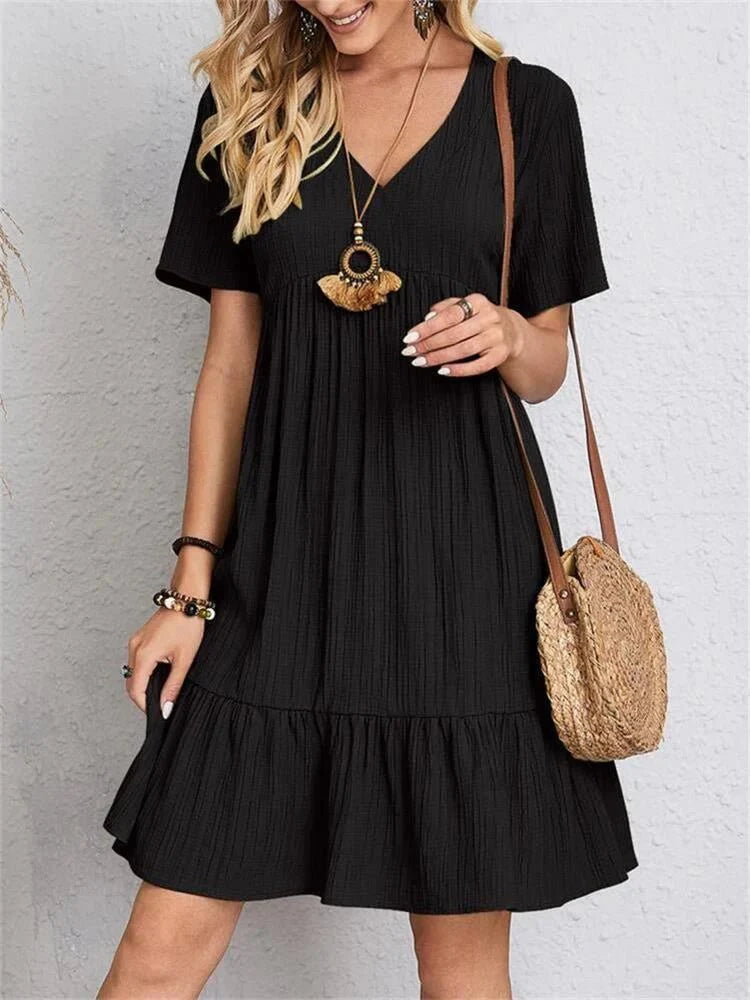 Women’s Retro V-Neck Mini Dress – Short Sleeve A-Line with Tummy-Control Fit