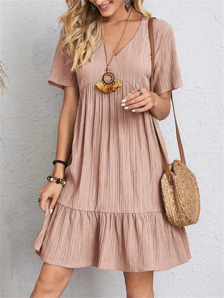 Women’s Retro V-Neck Mini Dress – Short Sleeve A-Line with Tummy-Control Fit