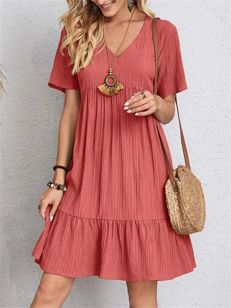 Women’s Retro V-Neck Mini Dress – Short Sleeve A-Line with Tummy-Control Fit