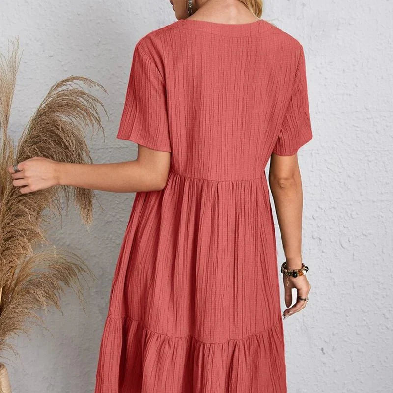 Women’s Retro V-Neck Mini Dress – Short Sleeve A-Line with Tummy-Control Fit