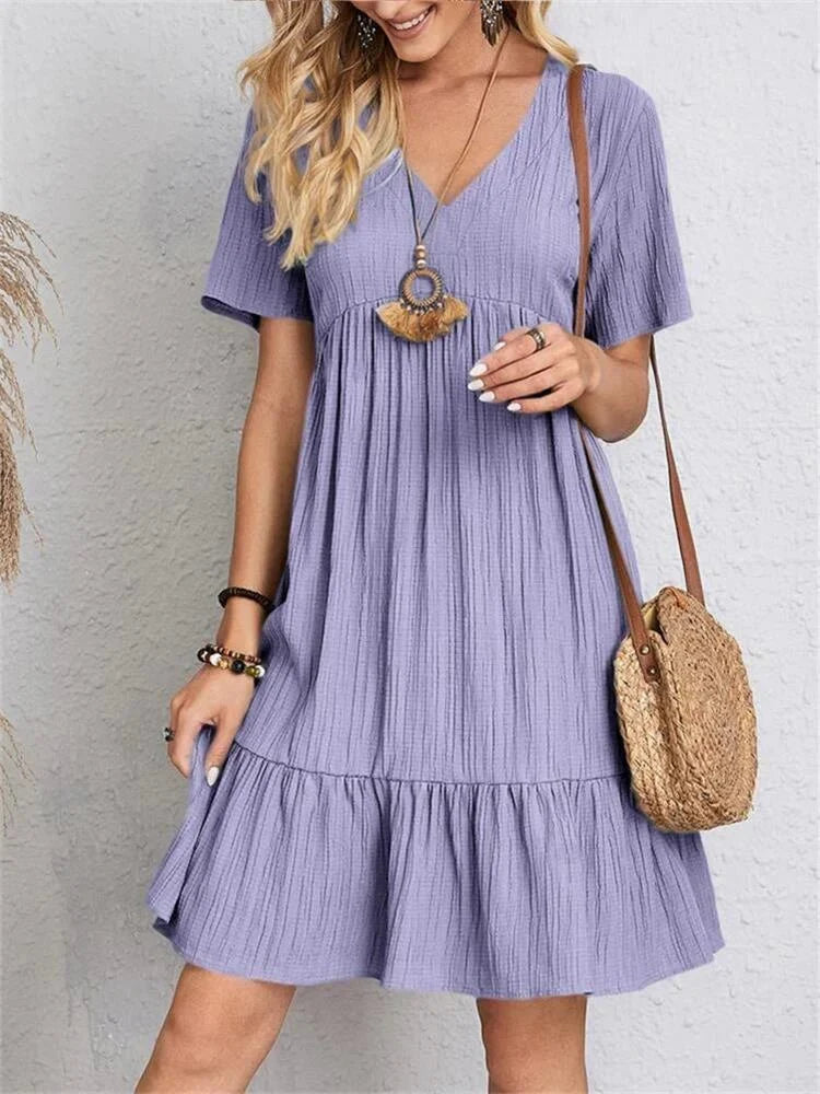 Women’s Retro V-Neck Mini Dress – Short Sleeve A-Line with Tummy-Control Fit