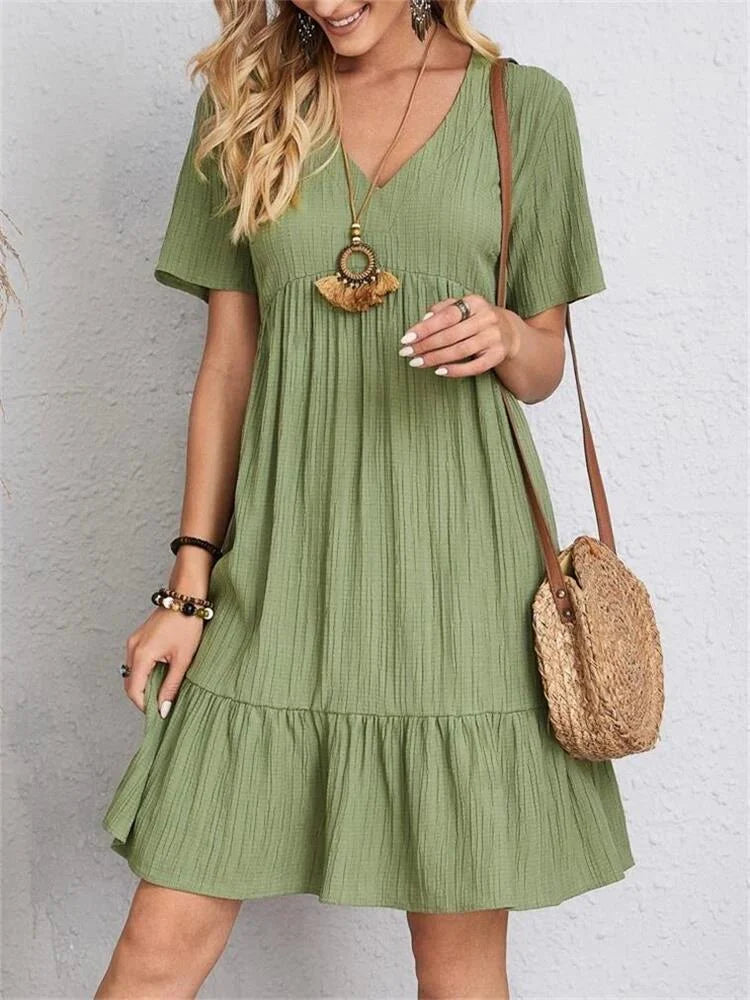 Women’s Retro V-Neck Mini Dress – Short Sleeve A-Line with Tummy-Control Fit