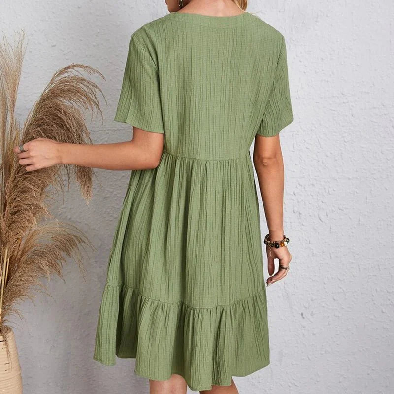 Women’s Retro V-Neck Mini Dress – Short Sleeve A-Line with Tummy-Control Fit