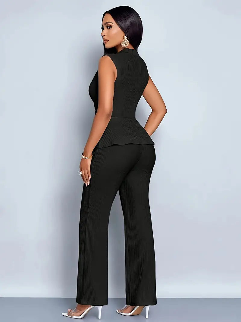 Women's Two Piece Set - V-Neck Peplum Top and Flared Pants