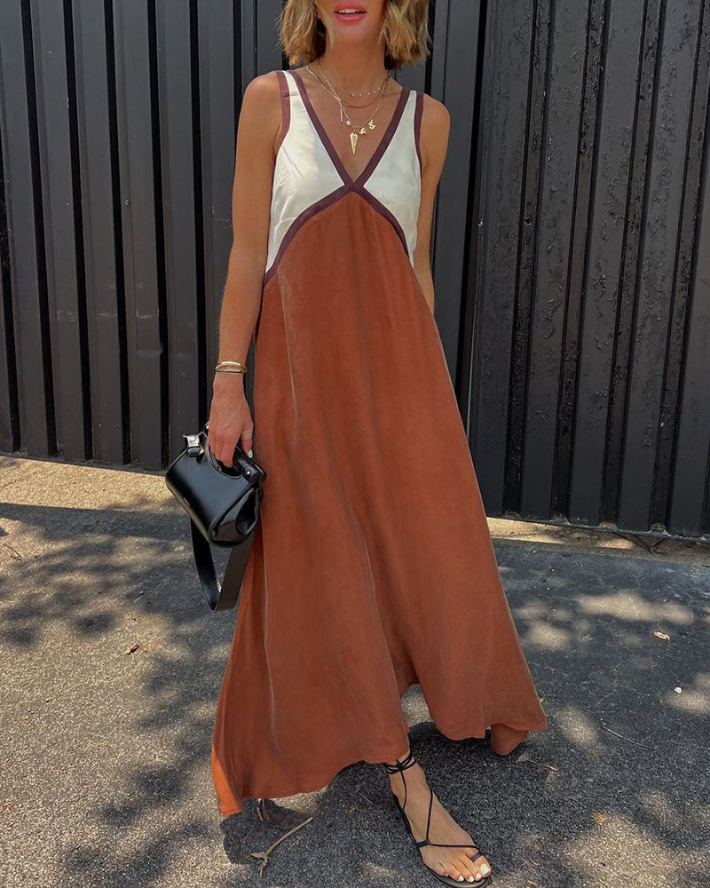 Women's Two Tone Sleeveless Casual V-Neck Maxi Dress