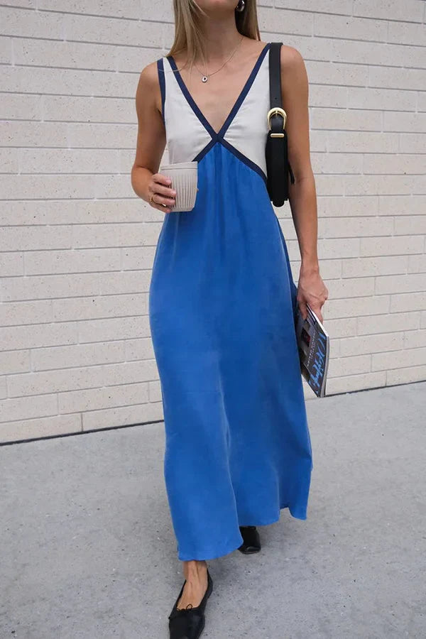 Women's Two Tone Sleeveless Casual V-Neck Maxi Dress